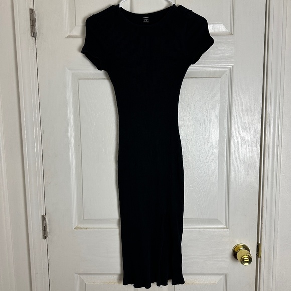 SHEIN Basics Minimalist Black Rib-Knit Slit Hem Bodycon Midi Dress Women XS - Picture 2 of 7